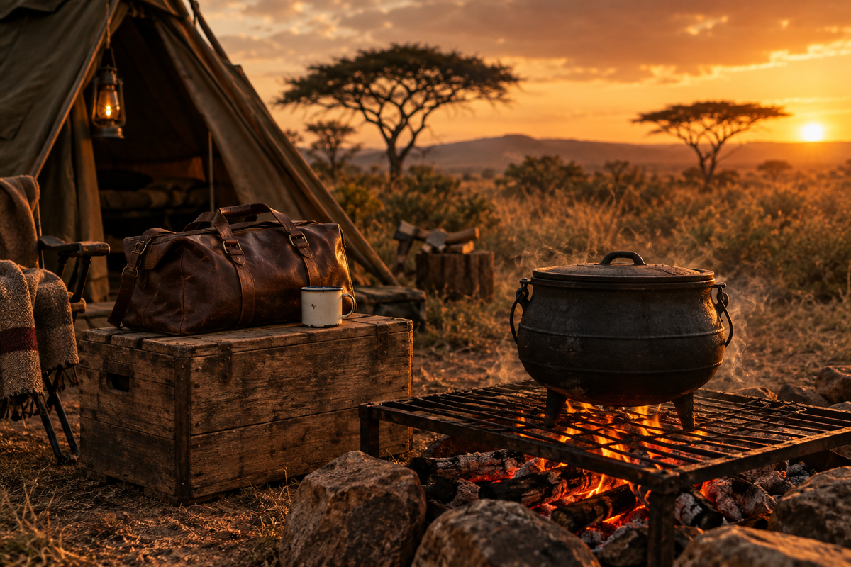 Bosveld kampterrein met potjie op die kole teen sonsondergang