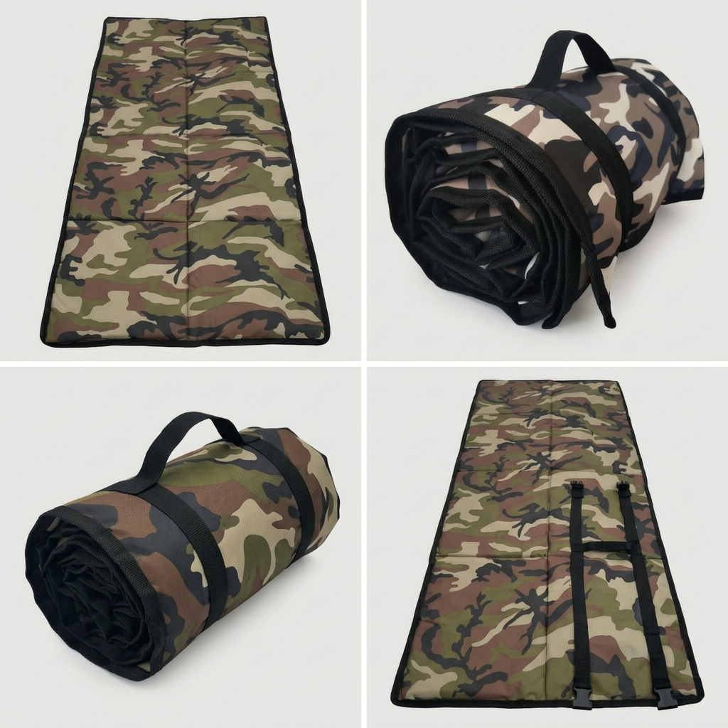 Combined photo of the camouflage mat laid out and rolled up
