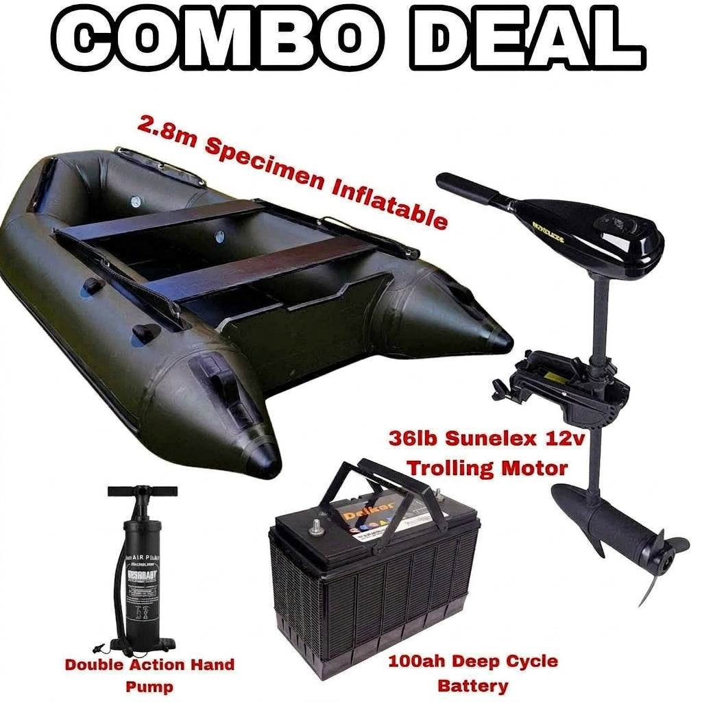 Combo 2 with 2.8m Specimen inflatable boat, Sunelex trolling motor, deep-cycle battery and hand pump