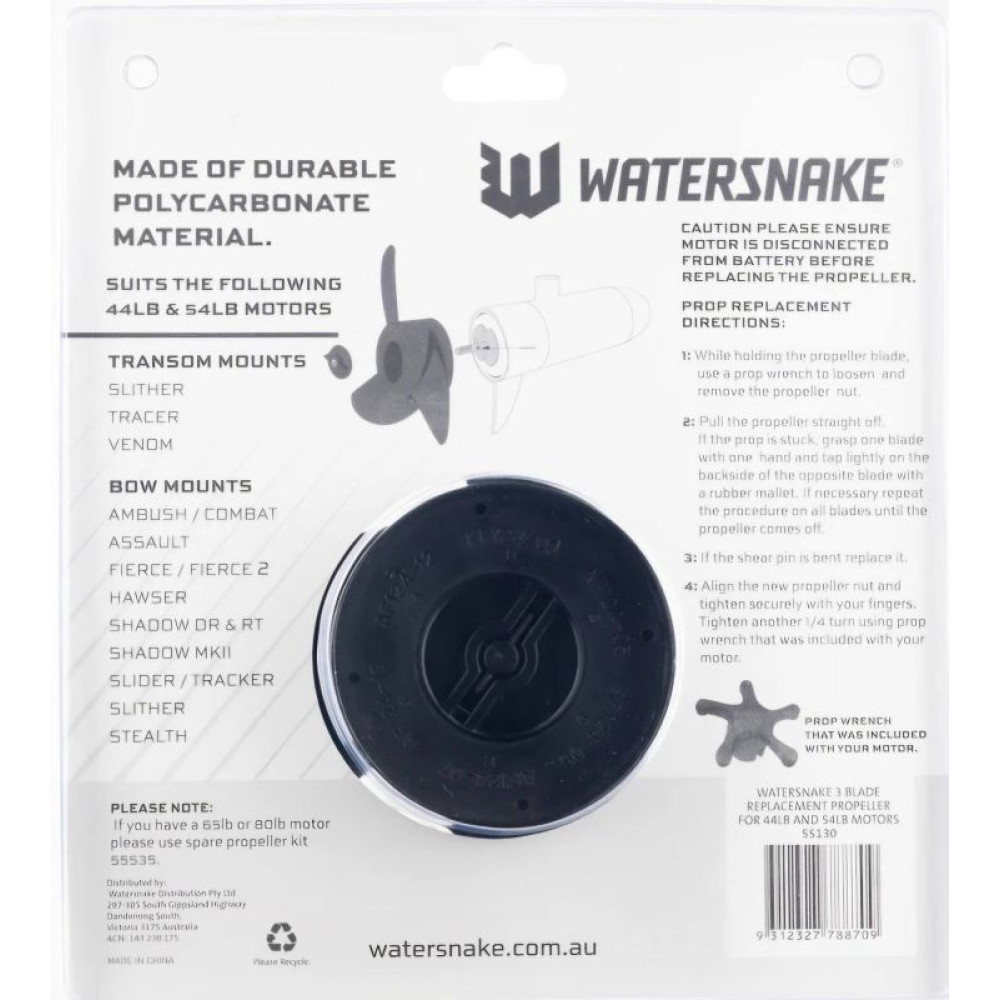 Watersnake propeller kit back packaging with compatibility information
